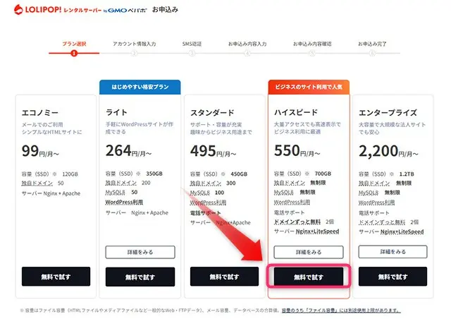 レンタルサーバー ロリポップ!プランを選択