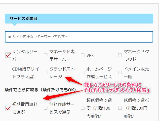 検索画面操作方法　サービスや条件にチェックを入れる