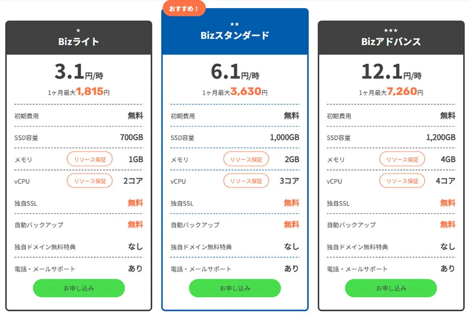 Conoha WINGビジネスプラン料金・機能表