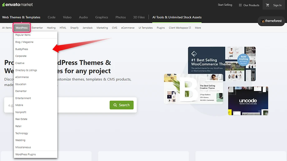 Envato market 公式英語サイト メニューを選択