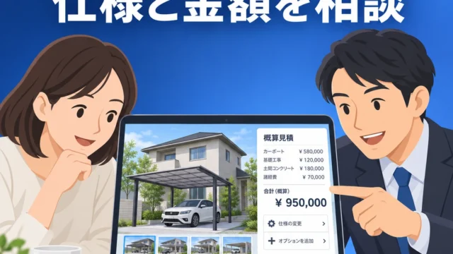 3D画面で家とカーポートを見ながら仕様と概算金額を相談するイメージ